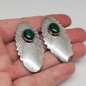Vintage Native American Malachite Sterling Silver Shield Earrings